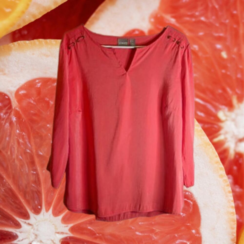 Chico's medium (1) salmon long button up sleeve v neck rayon blend woman's top.